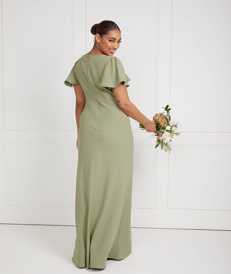 Flutter Sleeve V Neck Plunge Crepe Bridesmaid Dress - Sage