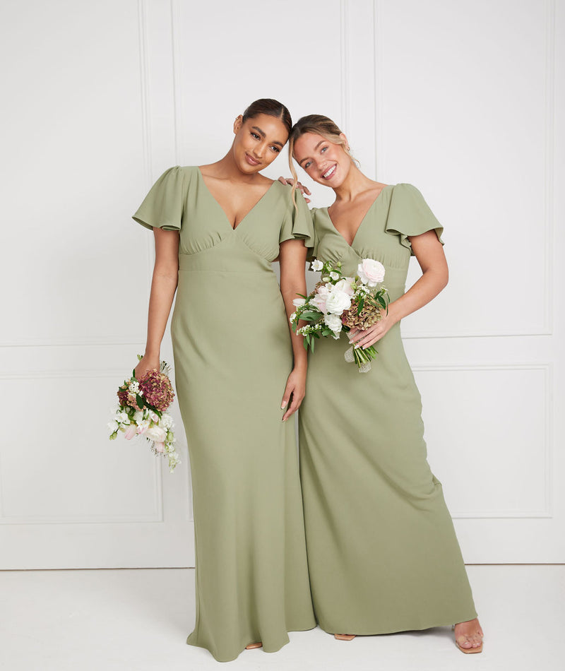 Flutter Sleeve V Neck Plunge Crepe Bridesmaid Dress - Sage