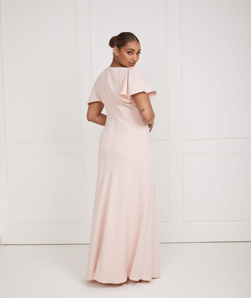 Flutter Sleeve V Neck Plunge Crepe Bridesmaid Dress - Blush