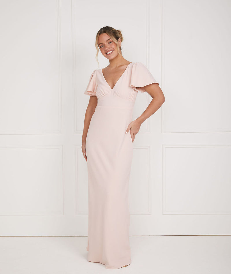 Flutter Sleeve V Neck Plunge Crepe Bridesmaid Dress - Blush