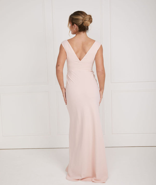 V Neck Plunge Crepe Bridesmaid Dress - Blush