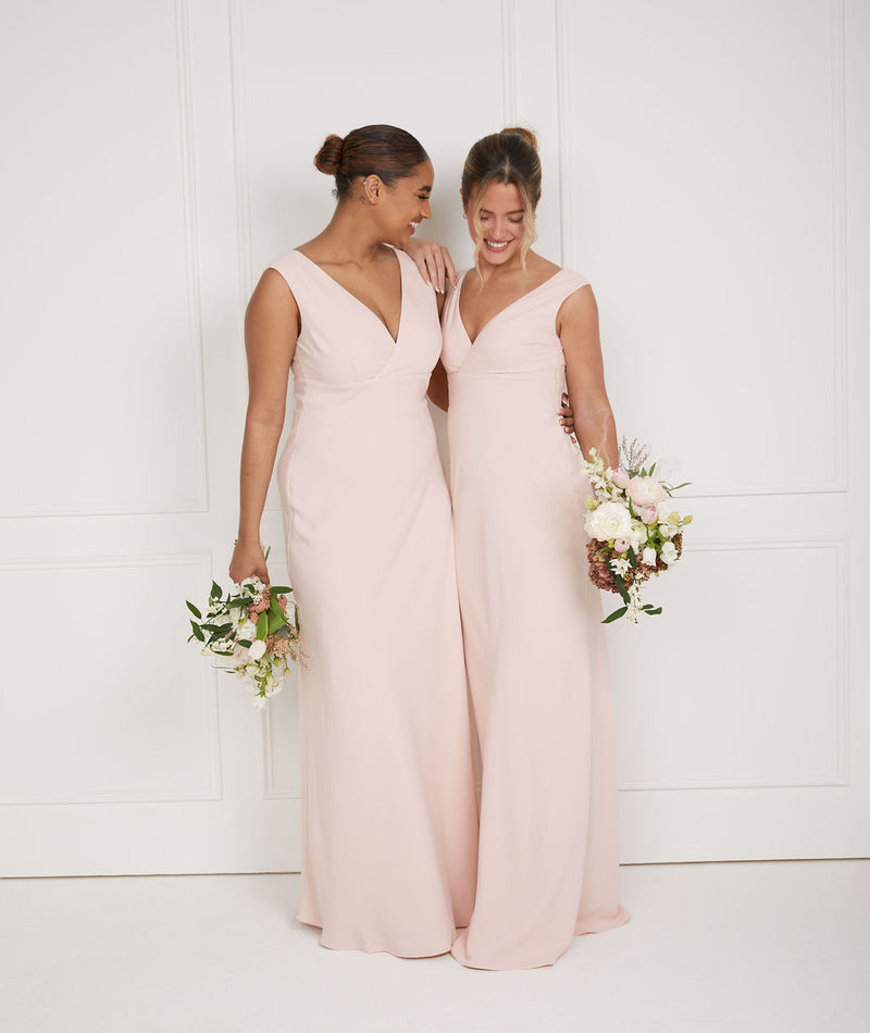 V Neck Plunge Crepe Bridesmaid Dress - Blush