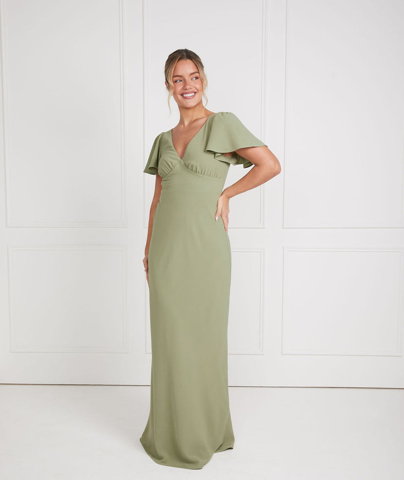 Flutter Sleeve V Neck Plunge Crepe Bridesmaid Dress - Sage