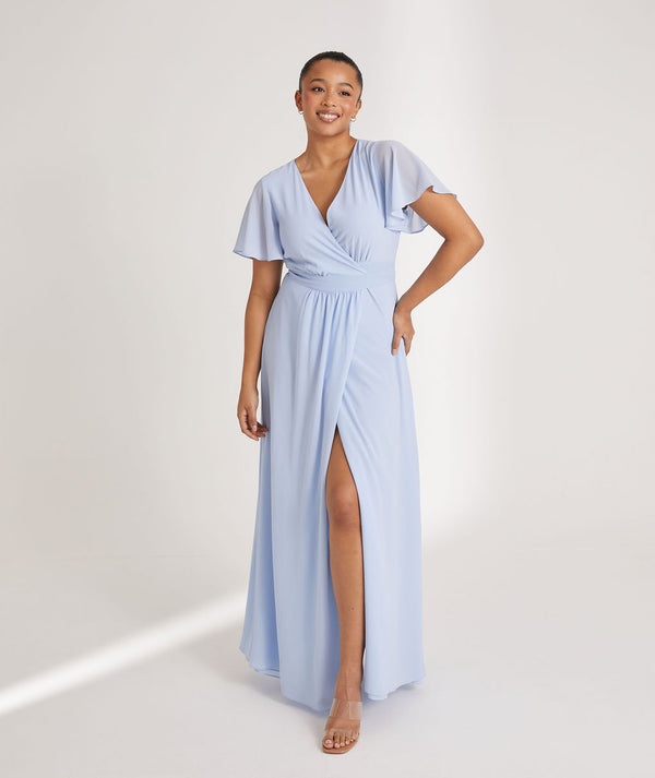 Flutter sleeve wrap tie blue bridesmaid dress