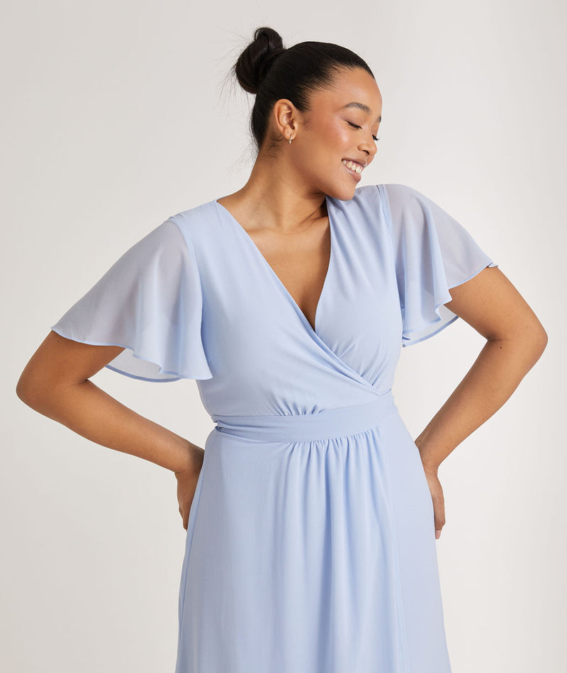 Flutter sleeve wrap tie blue bridesmaid dress