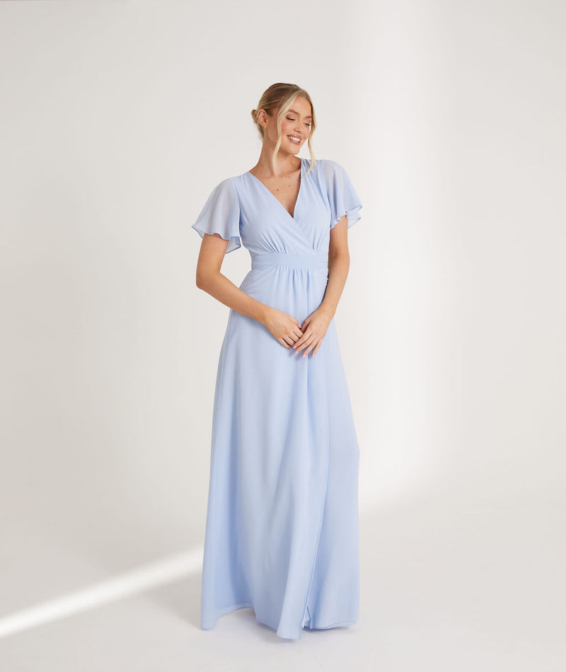 Flutter sleeve wrap tie blue bridesmaid dress