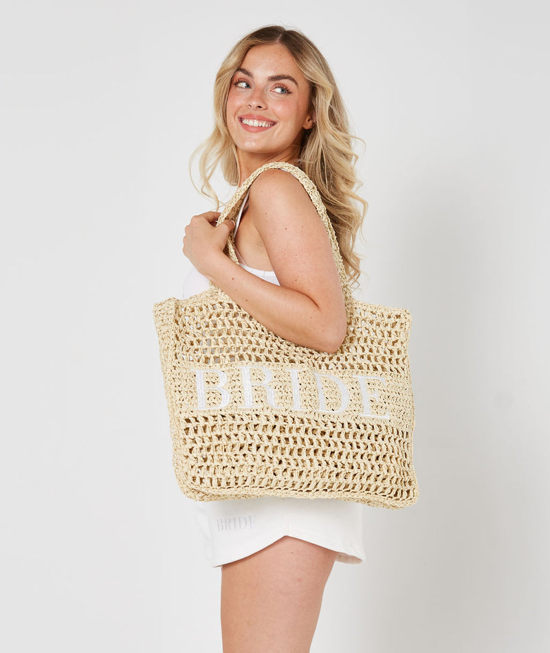 Bride Statement Straw Tote Bag - Natural