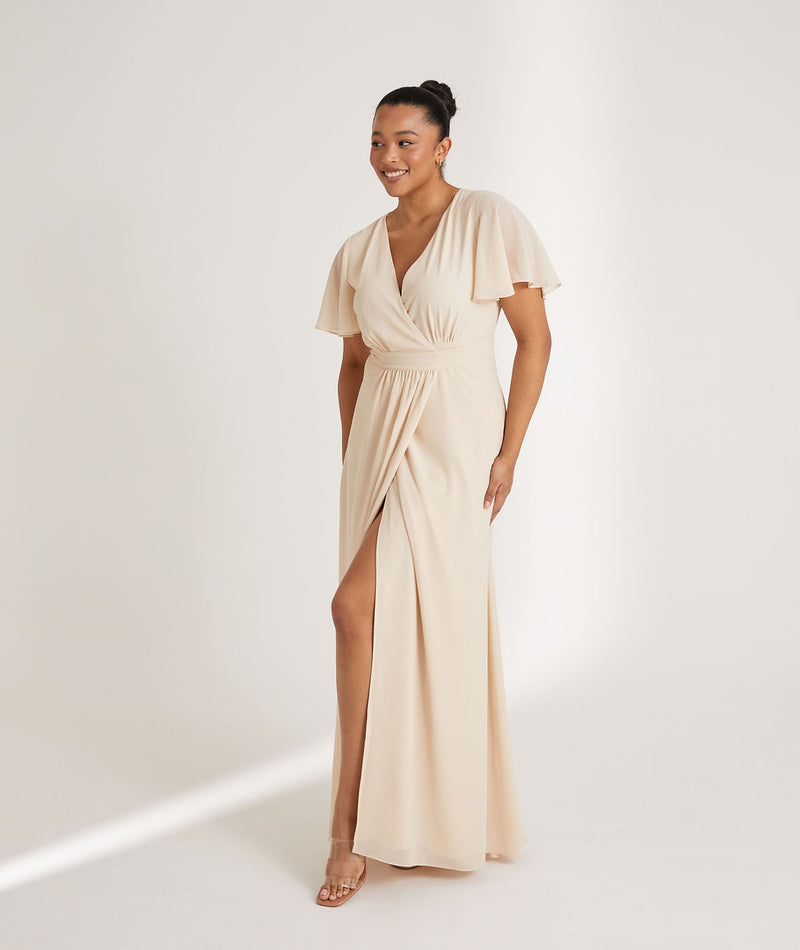 Flutter Sleeve Wrap Tie Chiffon Bridesmaid Dress - Vintage Cream