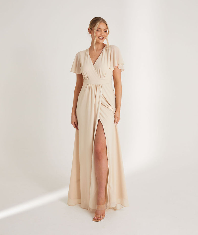 Flutter Sleeve Wrap Tie Chiffon Bridesmaid Dress - Vintage Cream