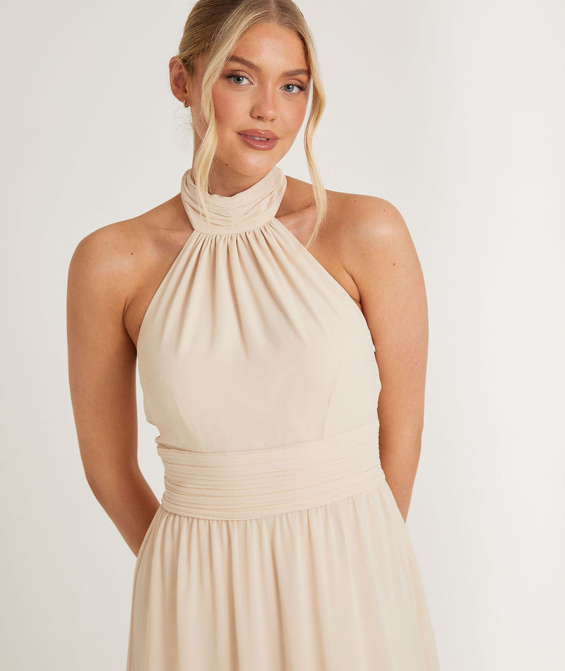 Halter Neck Pleated Waist Chiffon Bridesmaid Dress - Vintage Cream