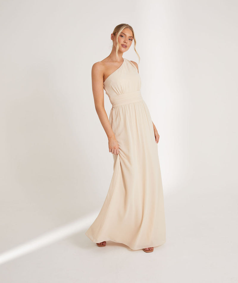 One Shoulder Pleated Chiffon Bridesmaid Dress - Vintage Cream