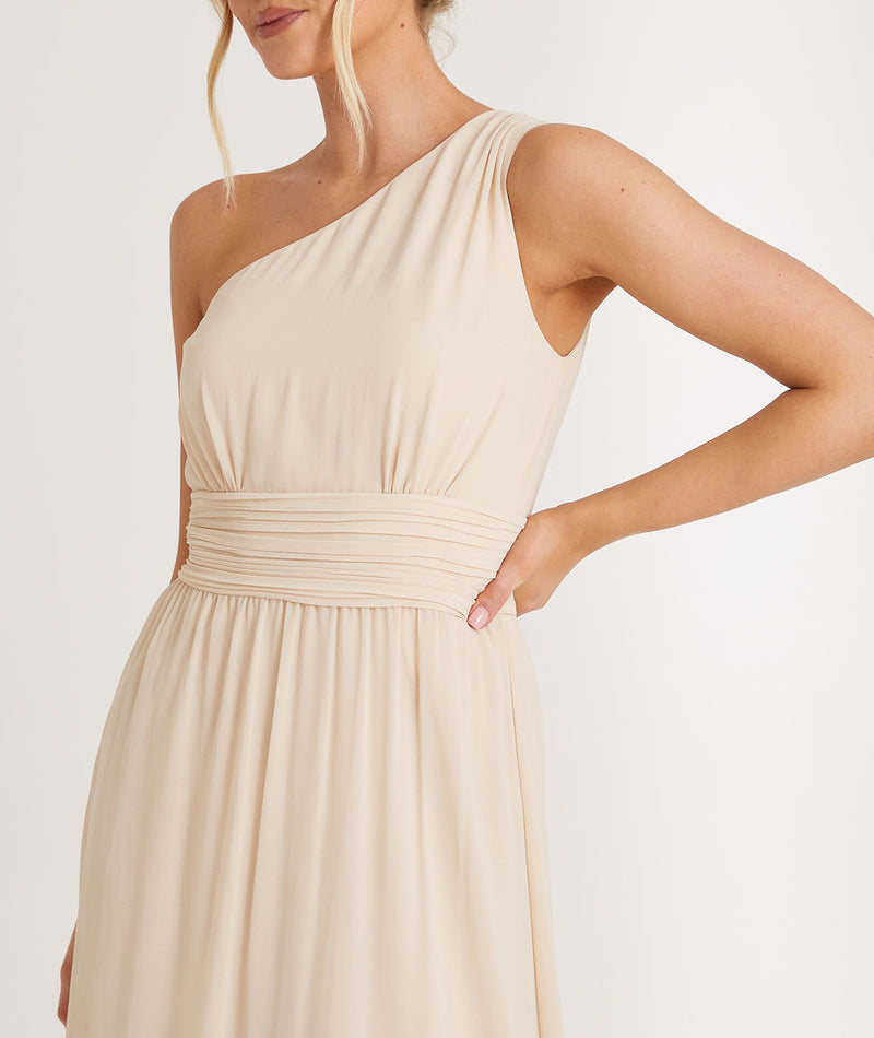 One Shoulder Pleated Chiffon Bridesmaid Dress - Vintage Cream