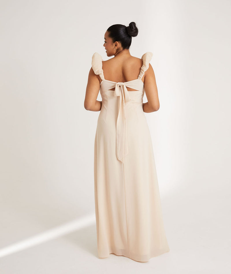 Pleated Statement Shoulder Tie Back Chiffon Bridesmaid Dress - Vintage Cream