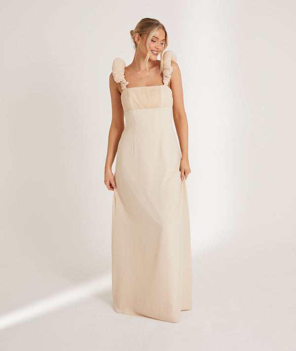 Pleated Statement Shoulder Tie Back Chiffon Bridesmaid Dress - Vintage Cream