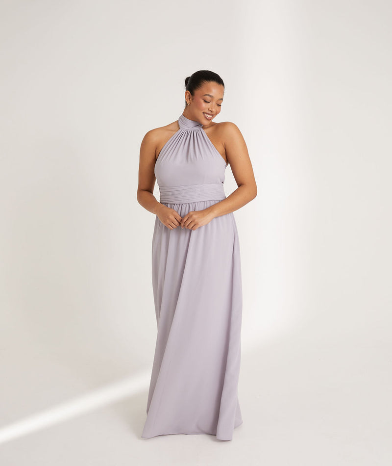 Halter Neck Pleated Waist Chiffon Bridesmaid Dress - Lilac