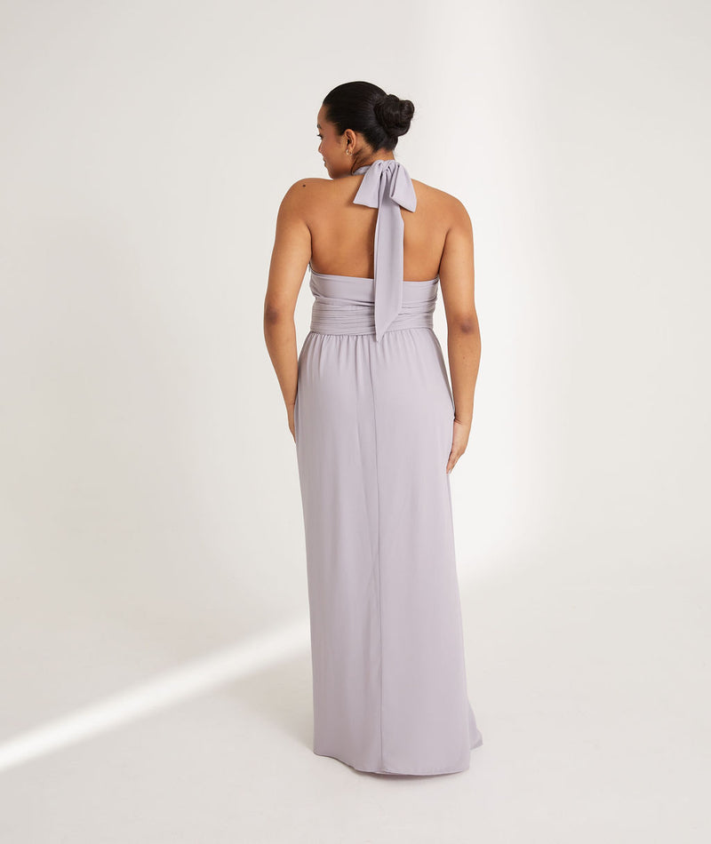 Halter Neck Pleated Waist Chiffon Bridesmaid Dress - Lilac