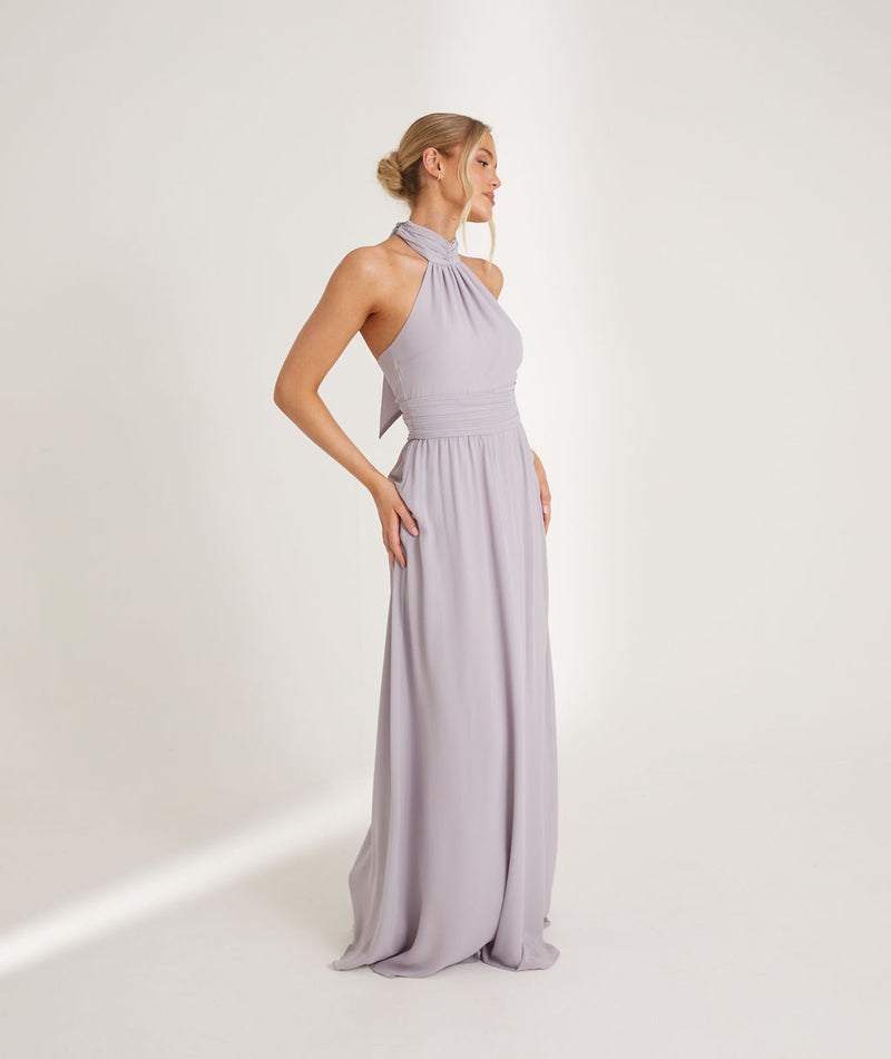 Halter Neck Pleated Waist Chiffon Bridesmaid Dress - Lilac