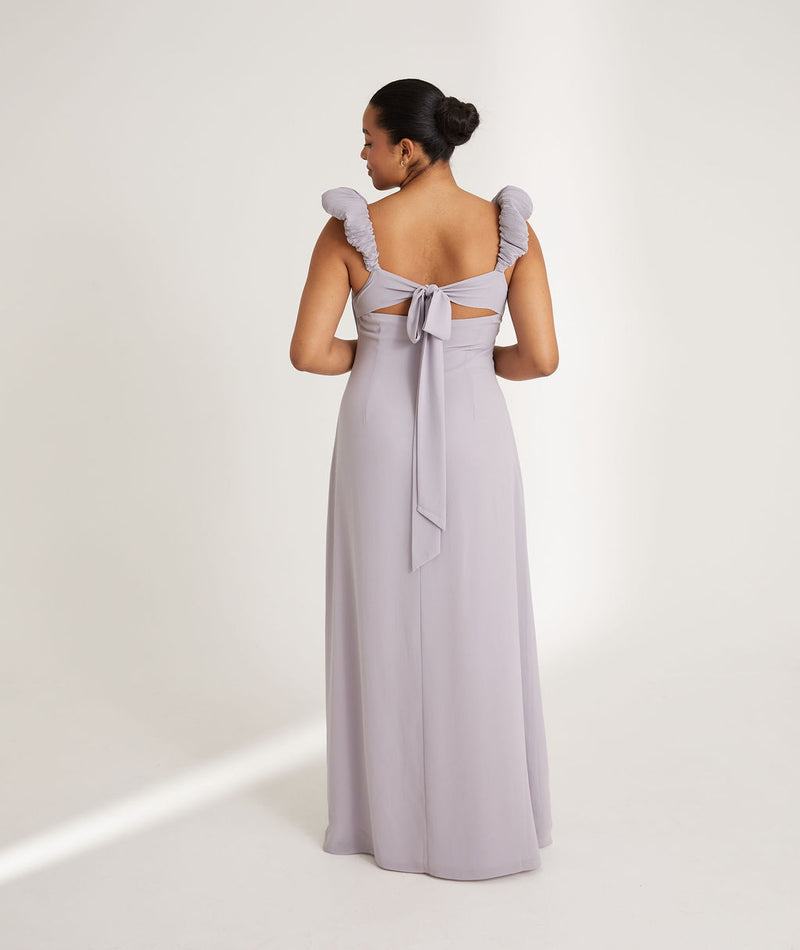 Pleated Statement Shoulder Chiffon Bridesmaid Dress - Lilac