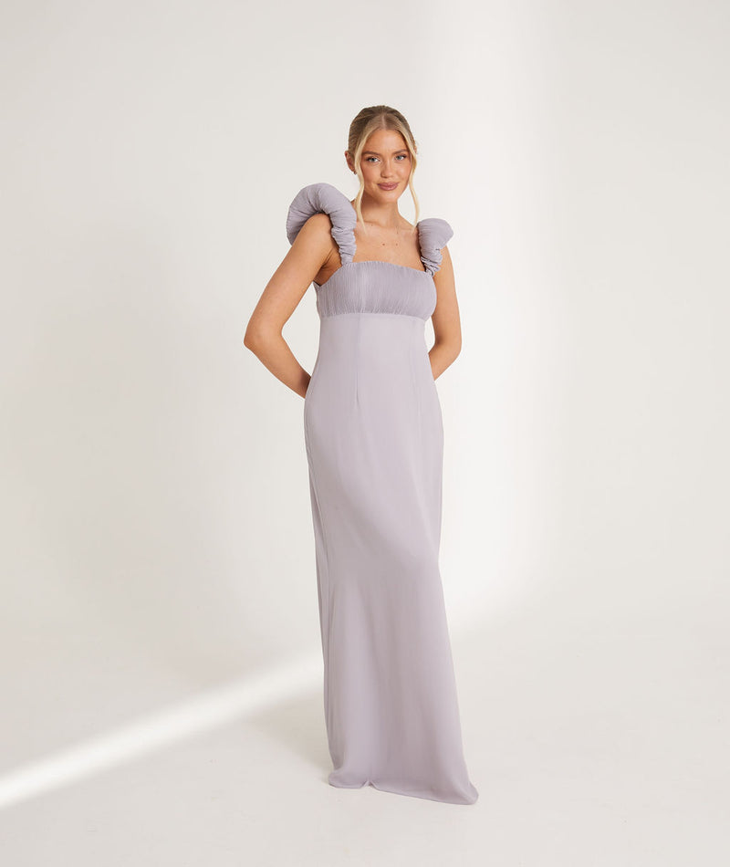 Pleated Statement Shoulder Chiffon Bridesmaid Dress - Lilac