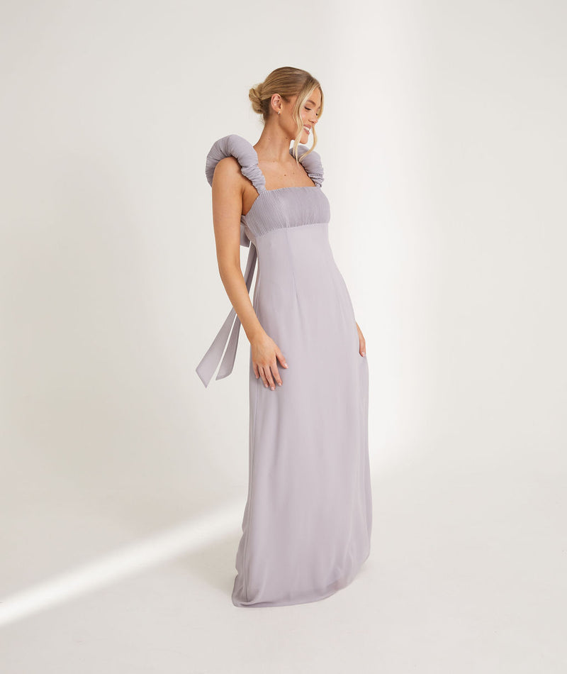 Pleated Statement Shoulder Chiffon Bridesmaid Dress - Lilac