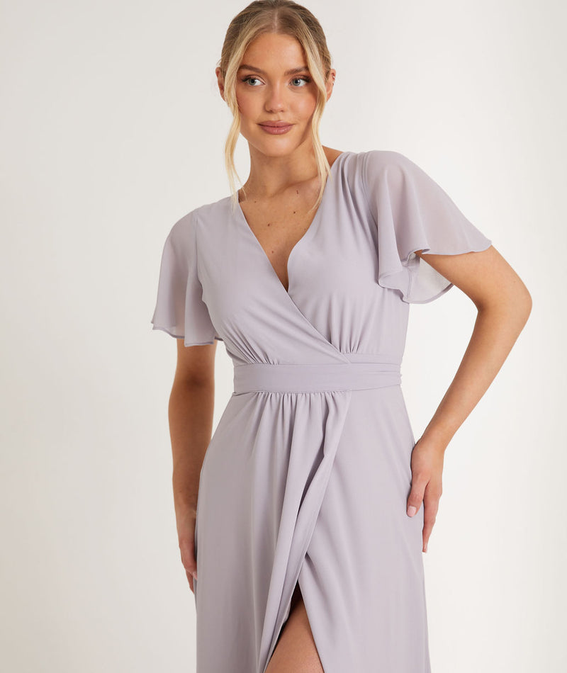 Flutter Sleeve Wrap Tie Chiffon Bridesmaid Dress - Lilac