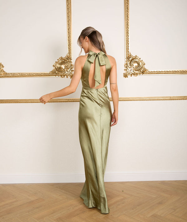 Halter Neck Satin Bridesmaid Dress - Moss Green