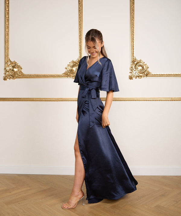 Wrap Tie Satin Bridesmaid Dress - Navy