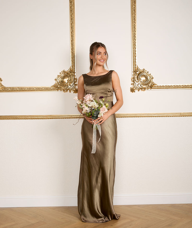 Cowl Back Satin Bridesmaid Dress - Olive