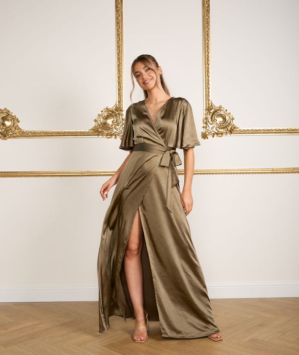 Wrap Tie Satin Bridesmaid Dress - Olive