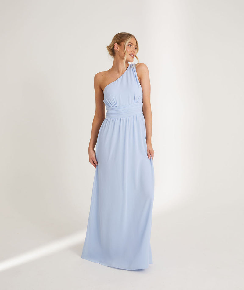 One Shoulder Pleated Chiffon Bridesmaid Dress - Cornflower Blue