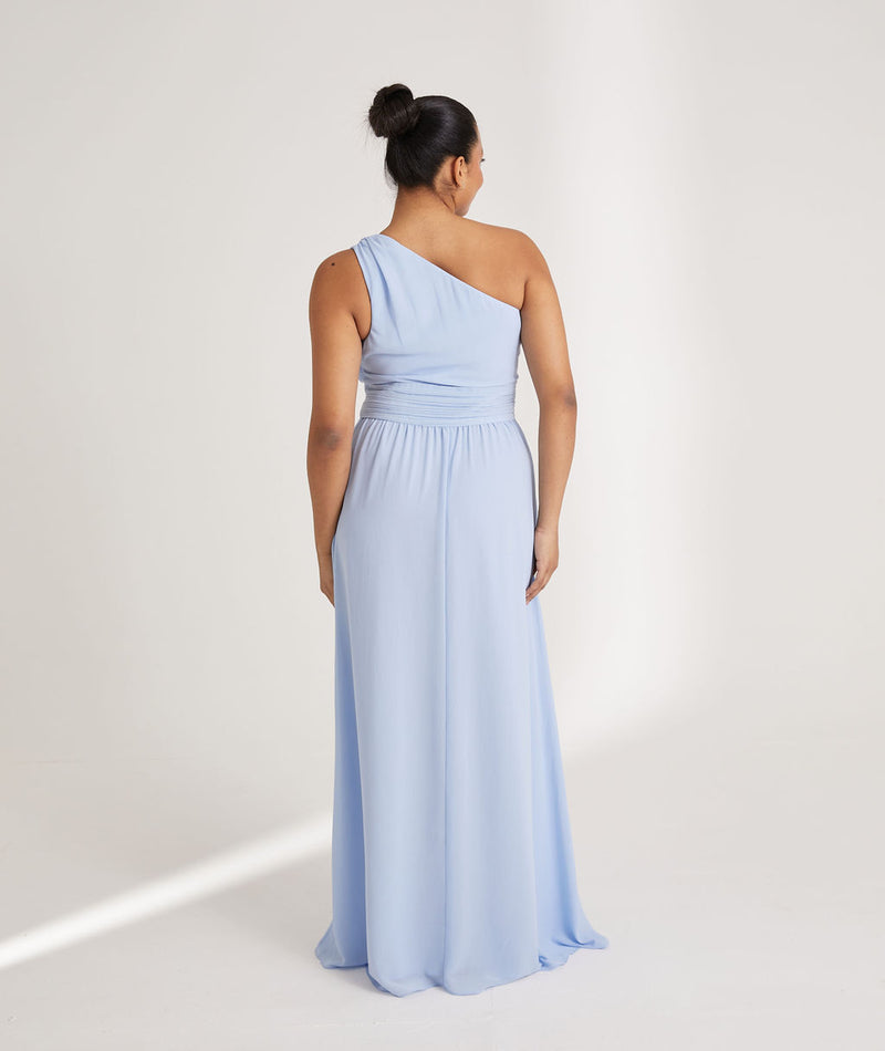 One Shoulder Pleated Chiffon Bridesmaid Dress - Cornflower Blue