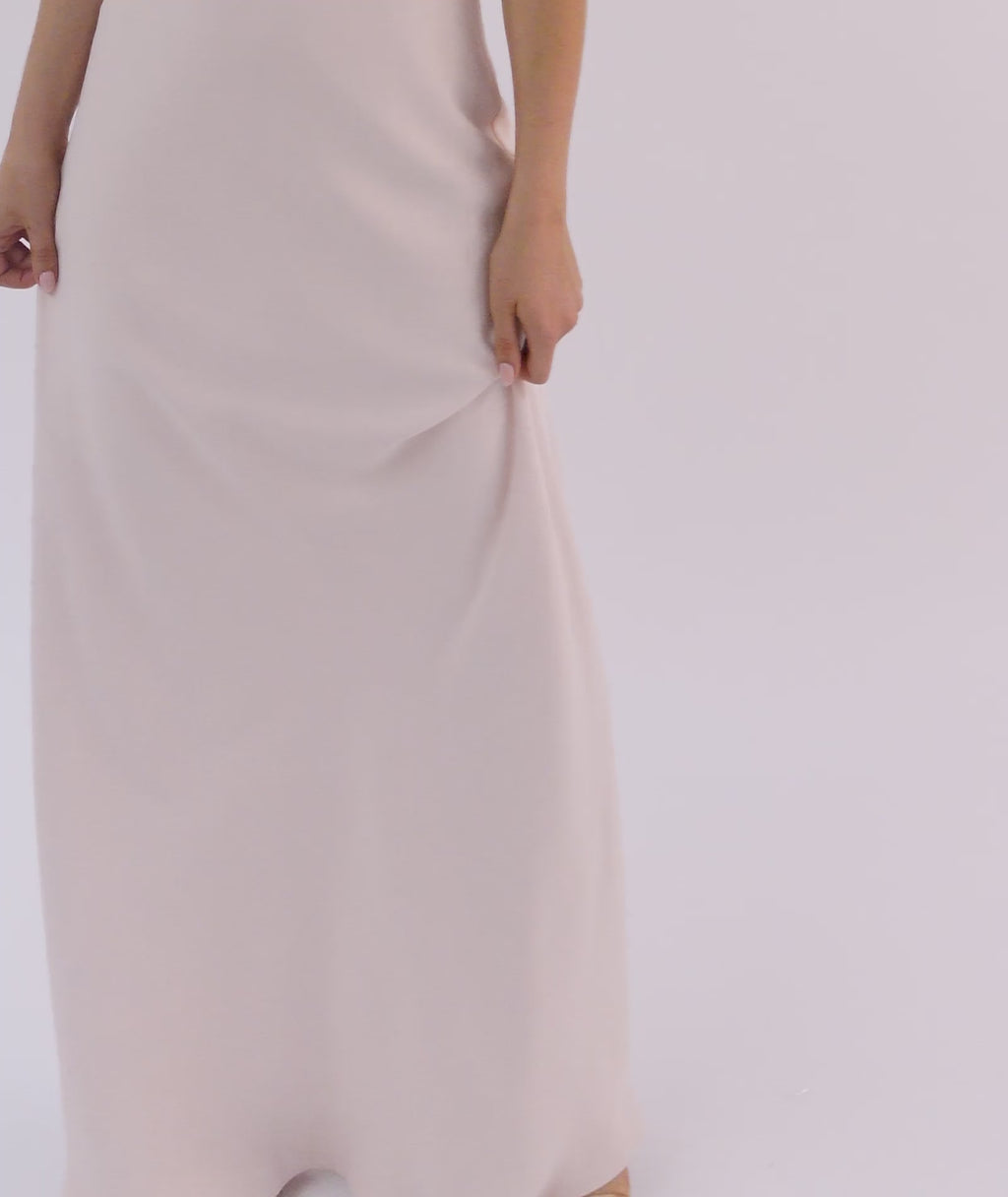 Square Neck Flutter Sleeve Crepe Bridesmaid Dress - Blush