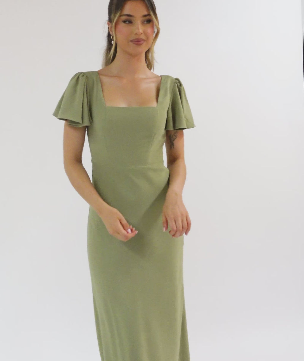 Square Neck Flutter Sleeve Crepe Bridesmaid Dress - Sage