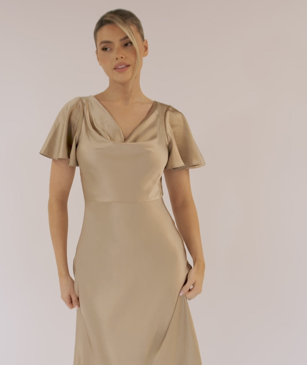 Cowl Front Satin Short Sleeve Bridesmaid Dress - Champagne