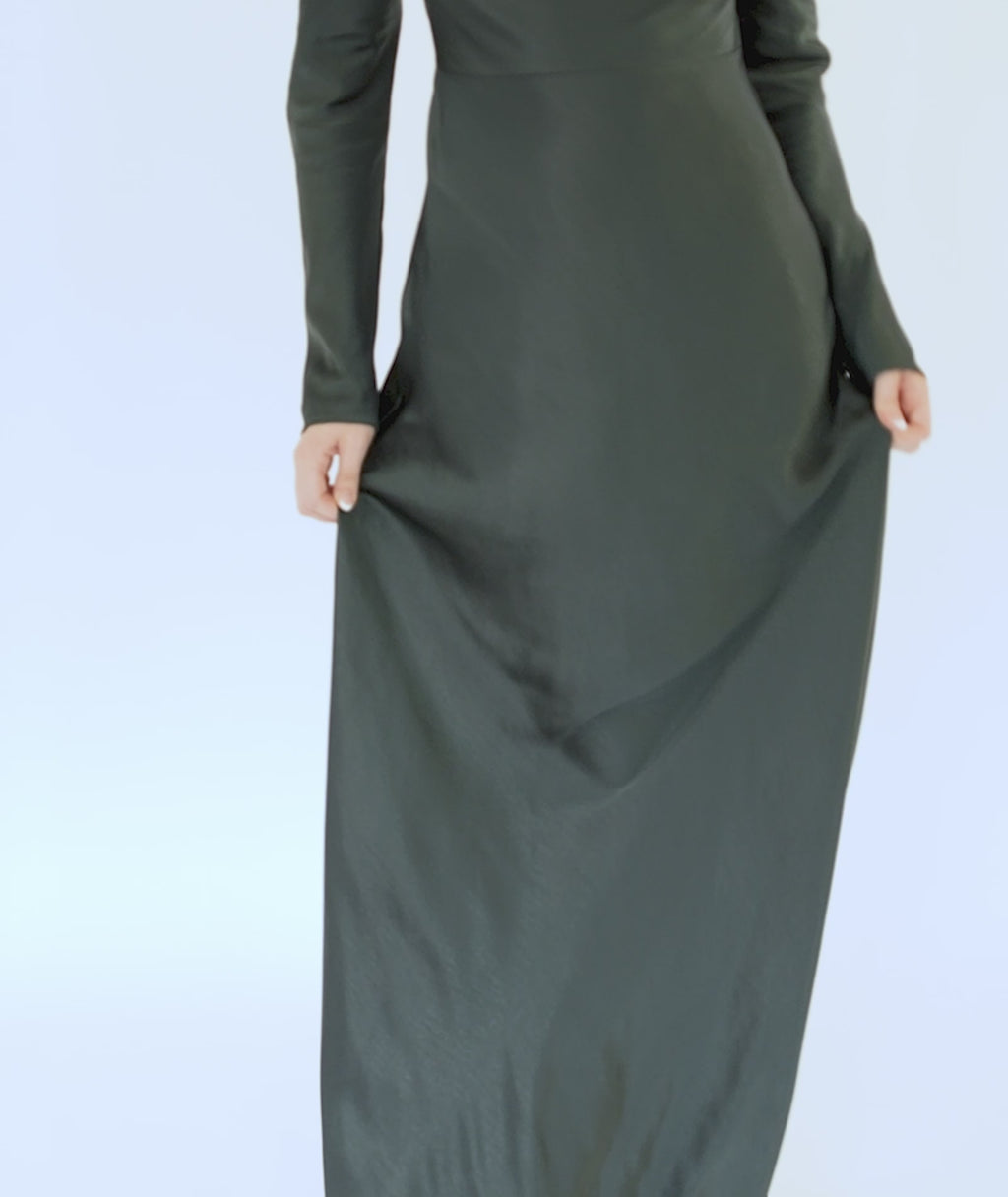 Cowl Front Long Sleeve Satin Bridesmaid Dress - Emerald