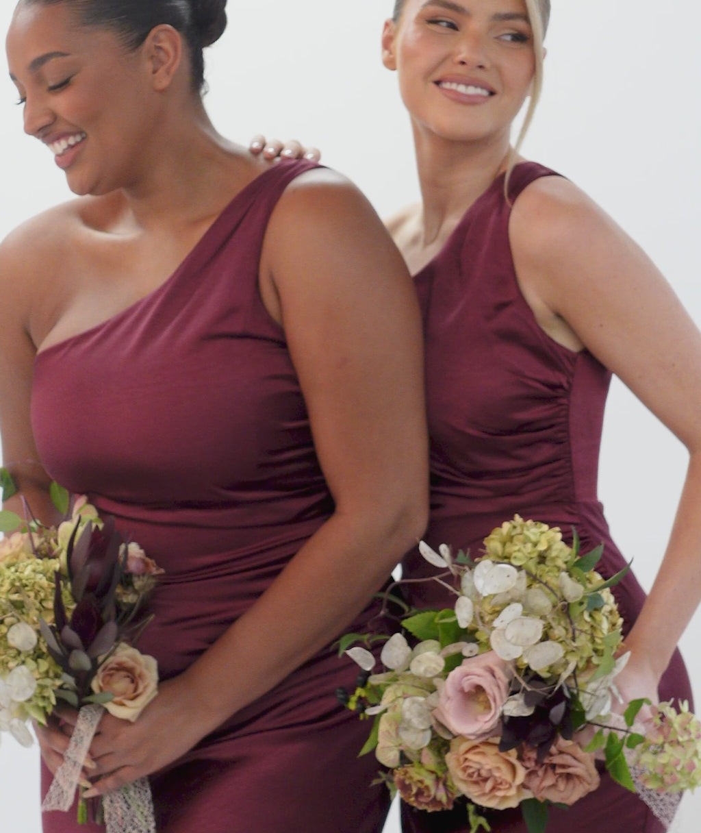 One Shoulder Satin Ruched Bridesmaid Dress - Deep Wine