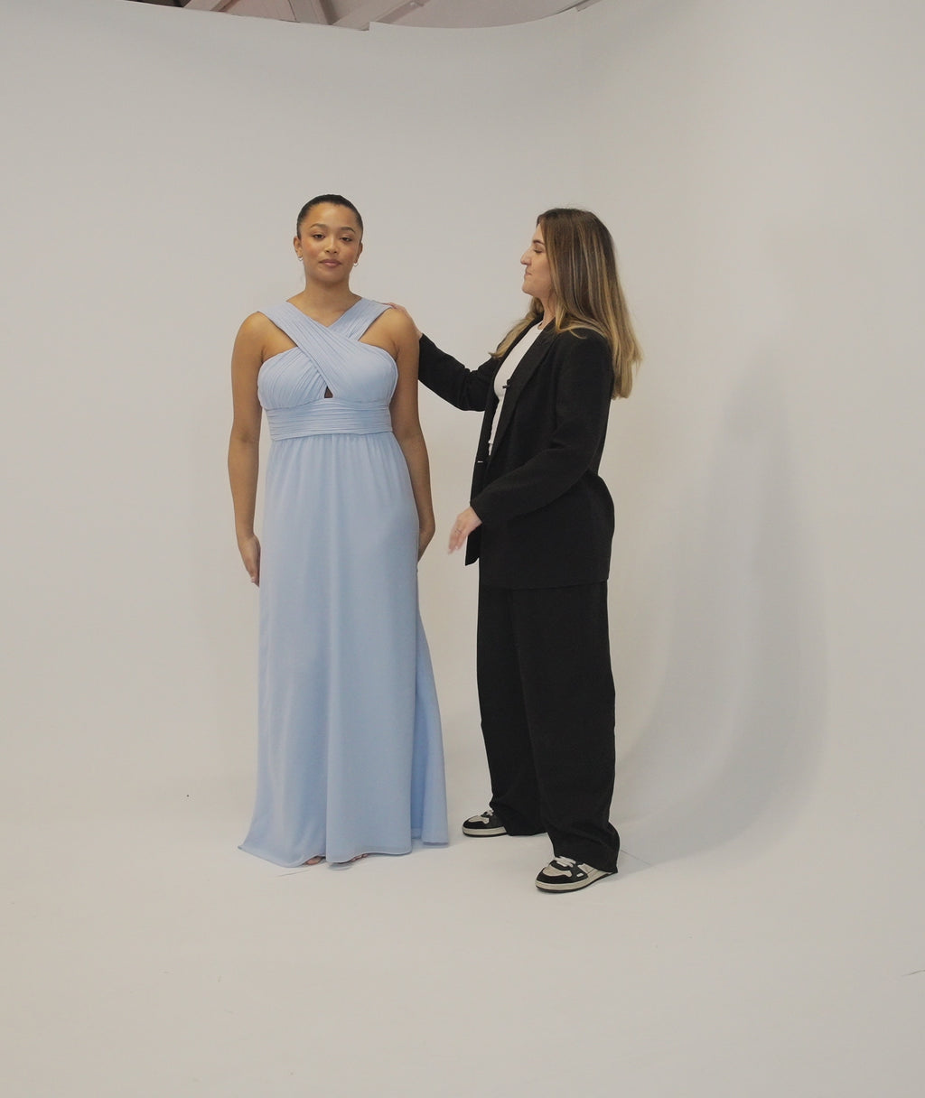 Cross Neck Pleated Waist Chiffon Bridesmaid Dress - Cornflower Blue