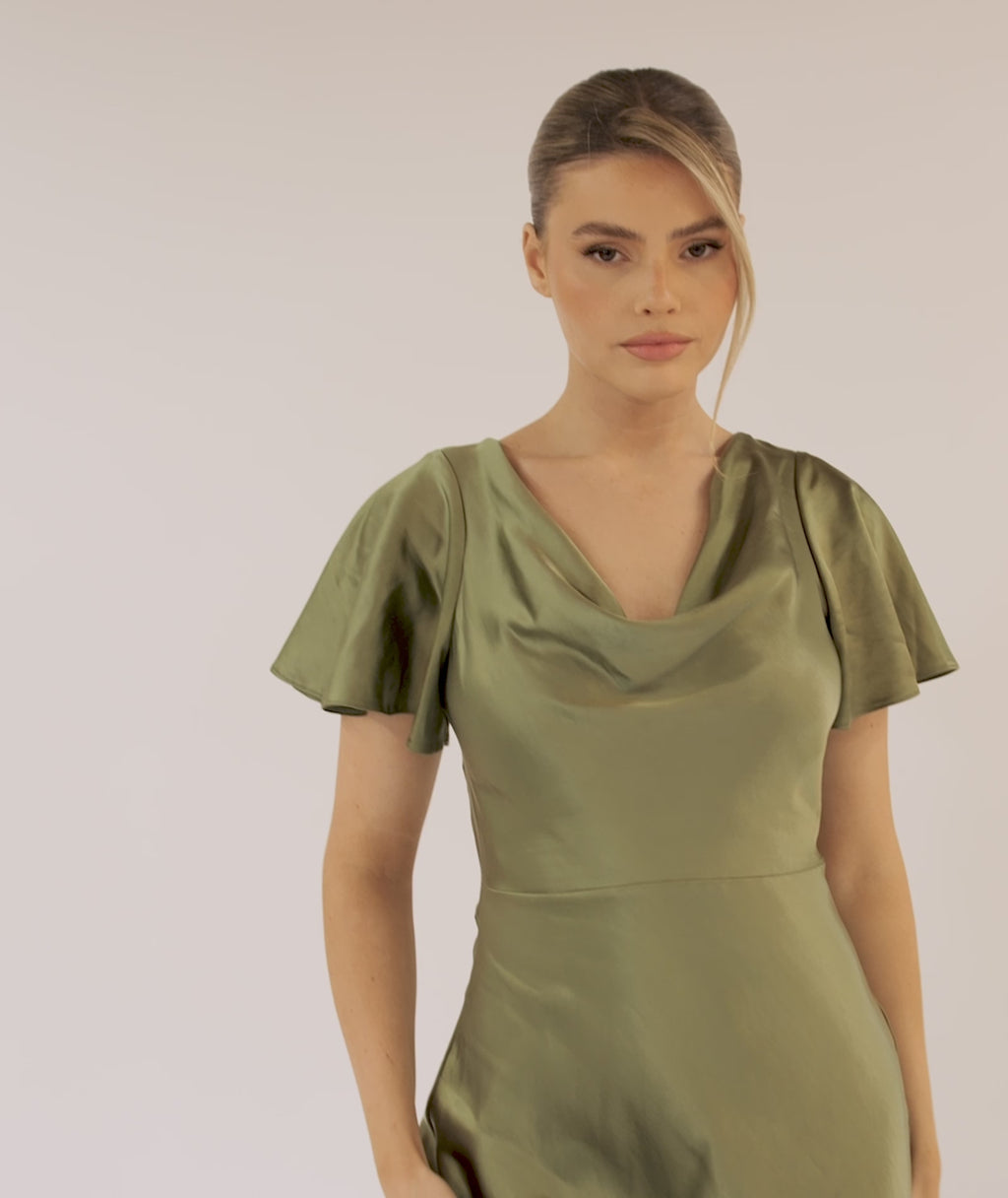 Cowl Front Satin Short Sleeve Bridesmaid Dress - Moss Green