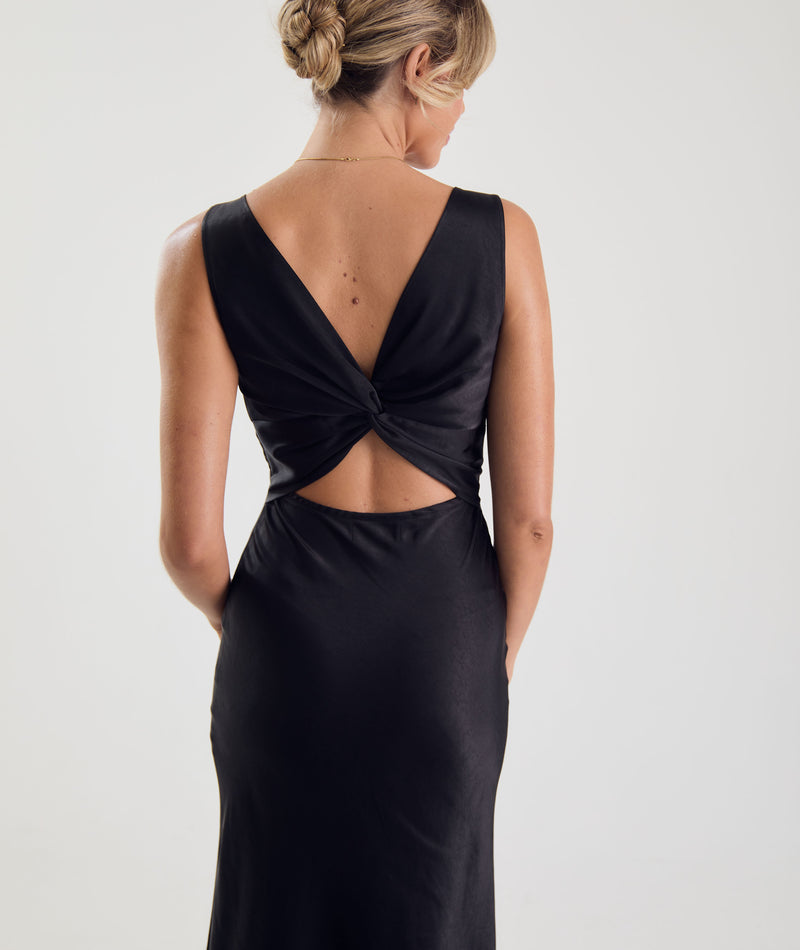 Twist Back Satin Bridesmaid Dress - Black