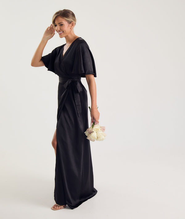 Wrap Tie Satin Bridesmaid Dress - Black