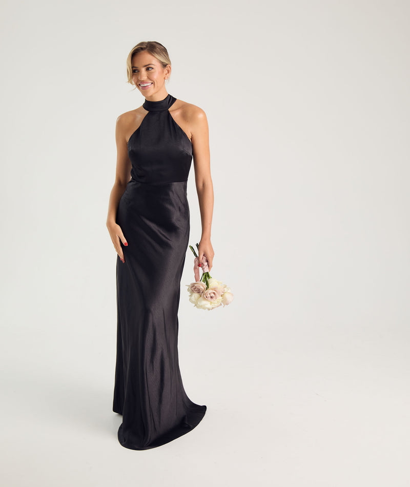 Halter Neck Satin Bridesmaid Dress - Black