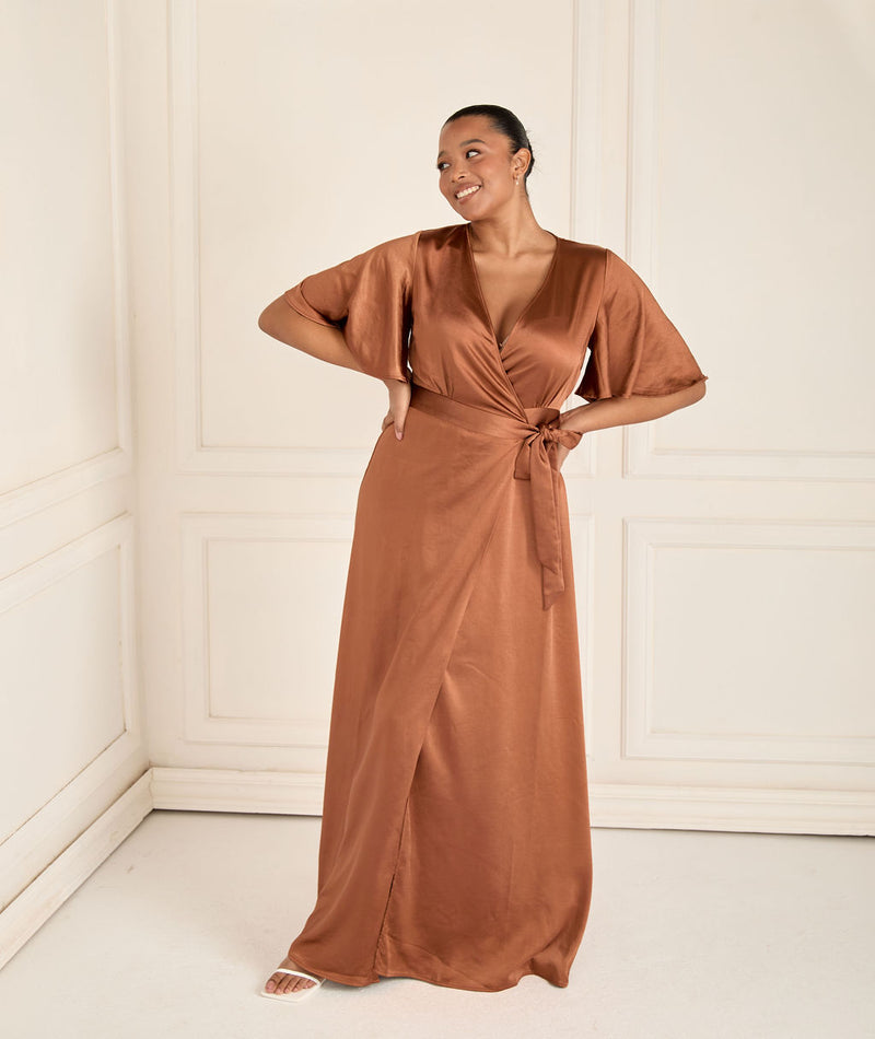 Wrap Tie Satin Bridesmaid Dress - Rust