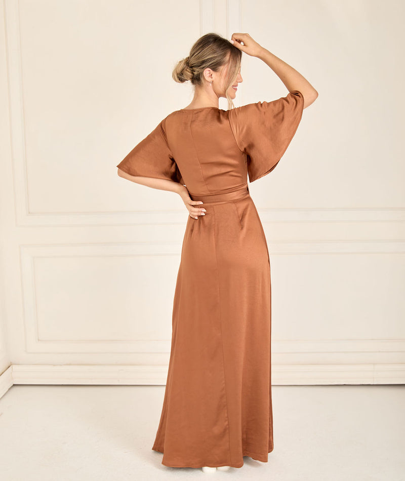 Wrap Tie Satin Bridesmaid Dress - Rust