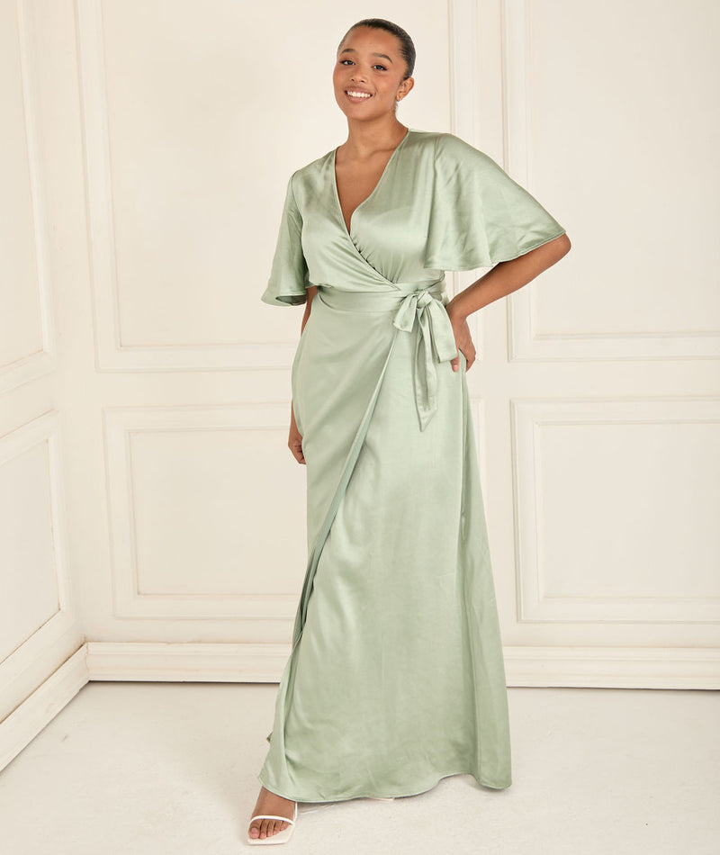 Wrap Tie Satin Bridesmaid Dress - Sage