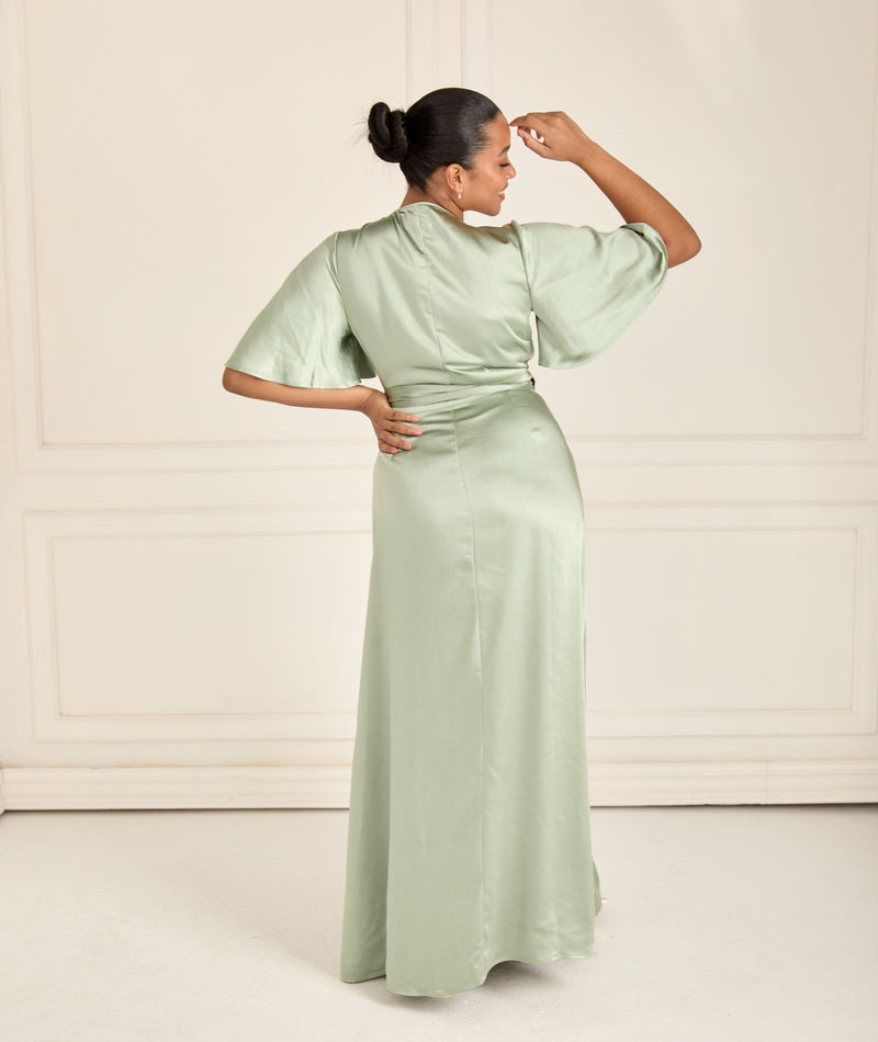 Wrap Tie Satin Bridesmaid Dress - Sage