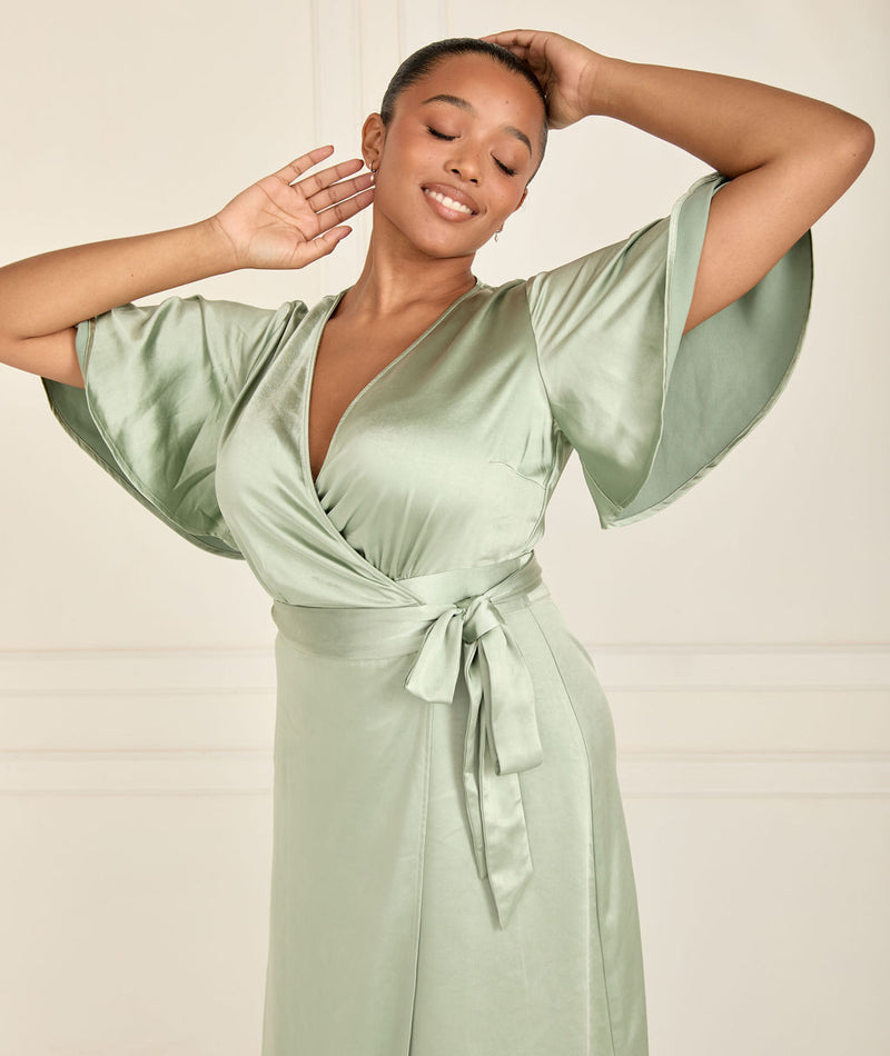 Wrap Tie Satin Bridesmaid Dress - Sage