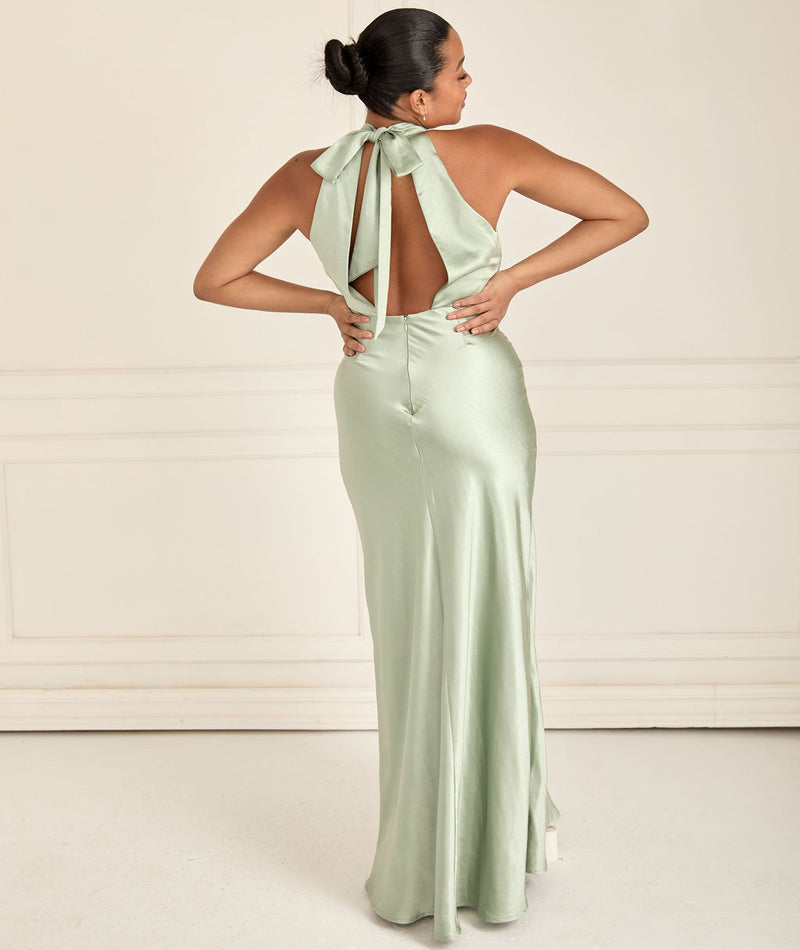 Halter Neck Satin Bridesmaid Dress - Sage