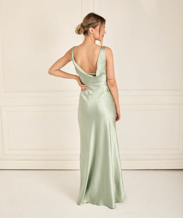 Cowl Back Satin Bridesmaid Dress - Sage