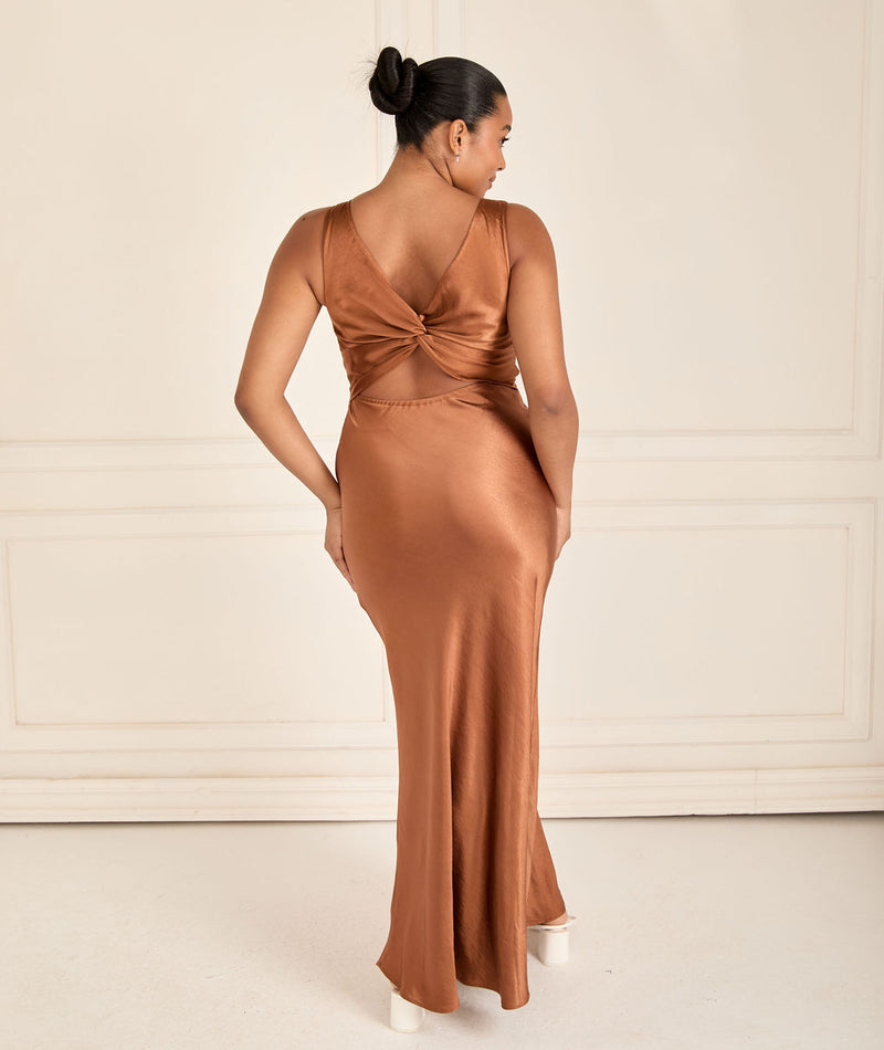 Twist Back Satin Bridesmaid Dress - Rust