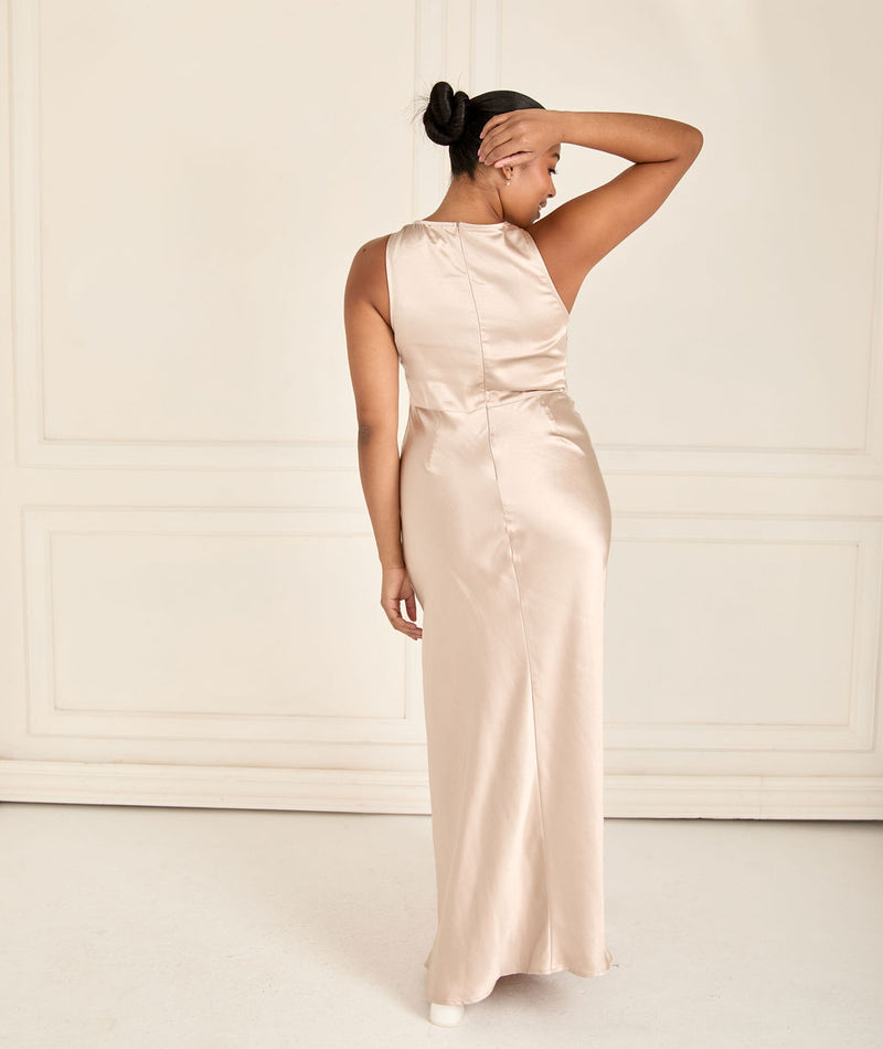 Cowl Front Satin Bridesmaid Dress - Oyster